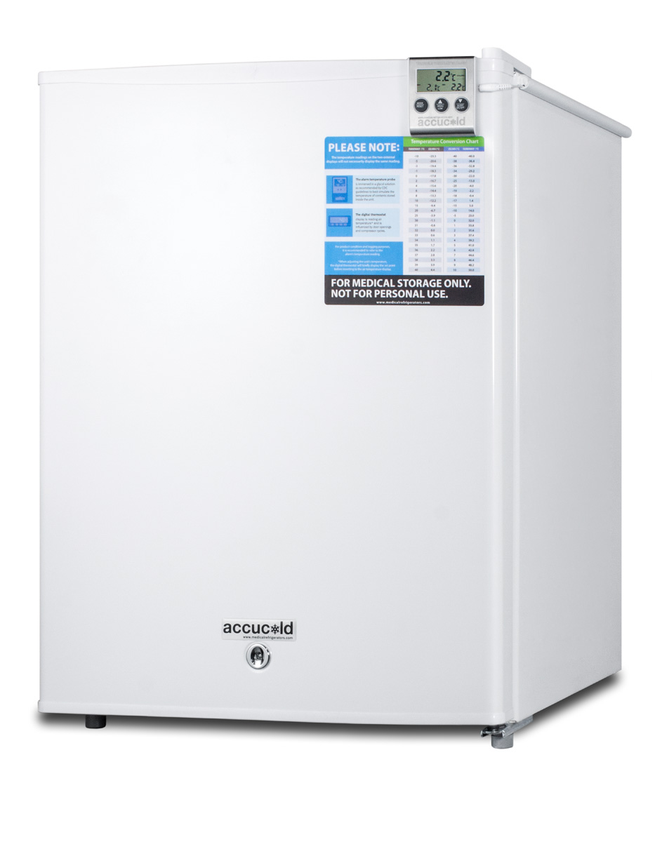 Compact medical all-refrigerator for temperature stable medical storage, with digital thermostat, lock, self-closing door, temperature alarm, and internal fan